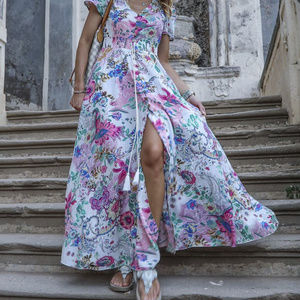 Boho floral flowy traveller dress button split